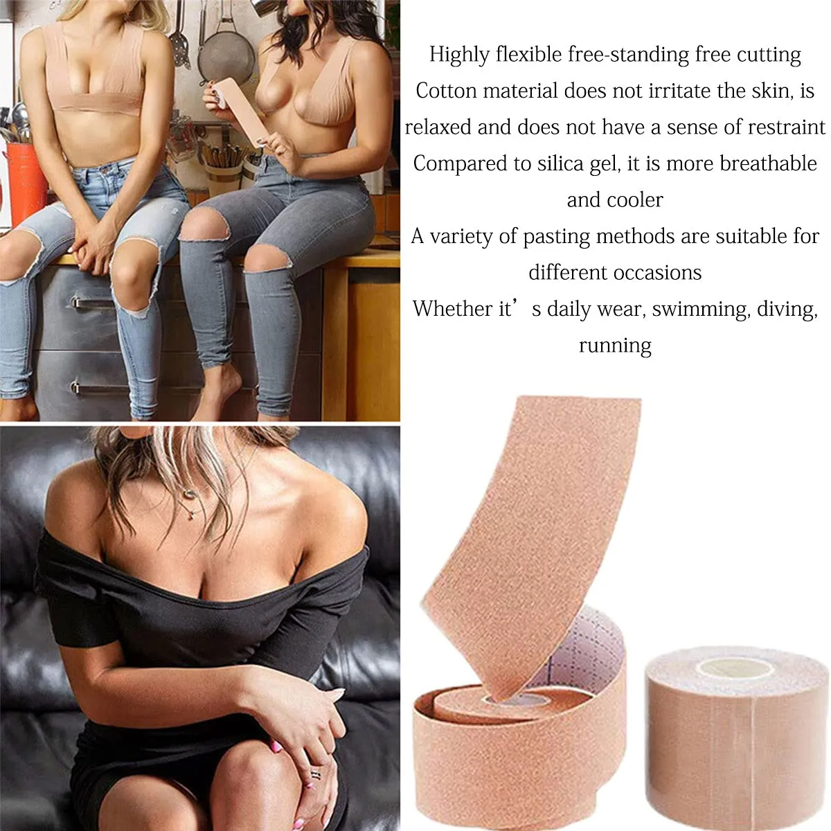 2 Pack 16.4ft XL Breast Lift Tape for Large Breasts, Breathable Chest Support Tape, Athletic Tape Body Tape Breathable Breast Athletic Tape, Adhesive Body Tape Extra Gift 72pcs Body& Clothing Tape