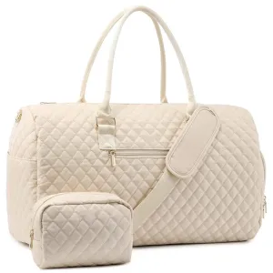 2Pcs Set Carry on Overnight Bags Large Travel Duffle Bag Weekend Tote Bag Yoga Gym Bag with Wet Pocket Beige
