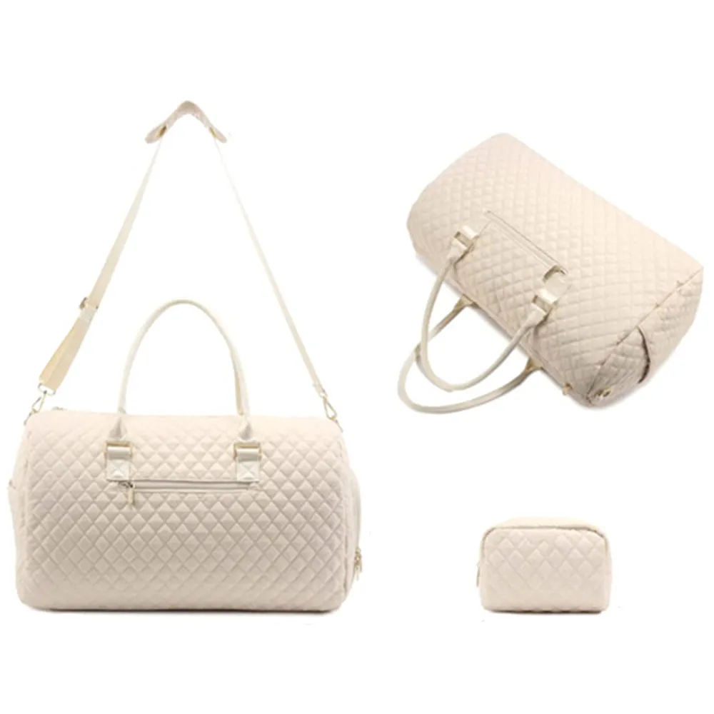 2Pcs Set Carry on Overnight Bags Large Travel Duffle Bag Weekend Tote Bag Yoga Gym Bag with Wet Pocket Beige