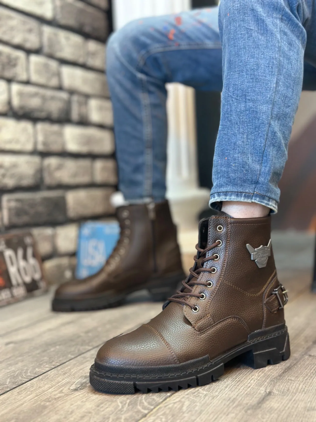 BA0080 Eagle Zippered Buckle Brown Men's Classic Sports Classic Half Ankle Boots