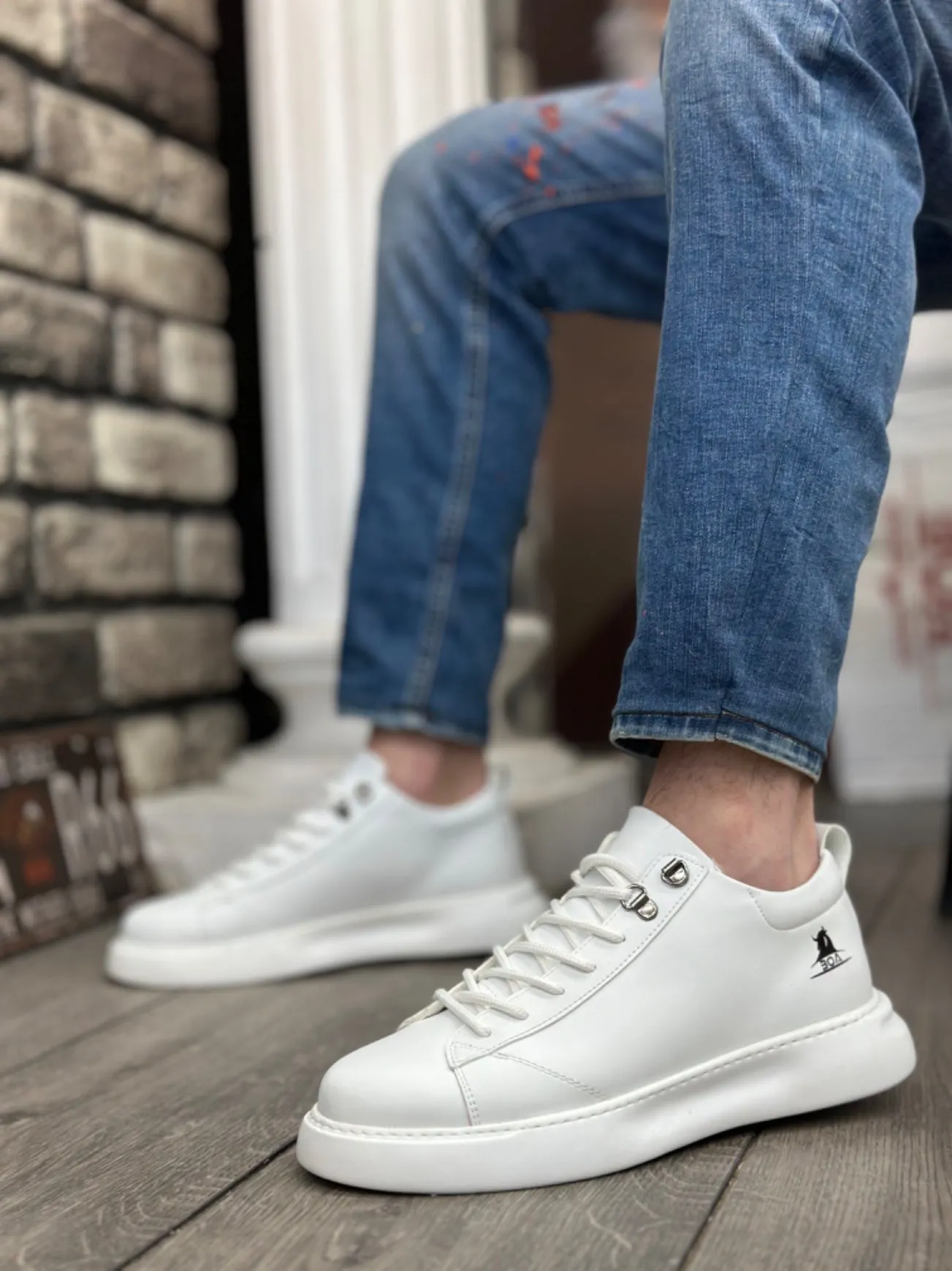 BA0331 Lace-Up Men's High Sole White Skin Sports Shoes