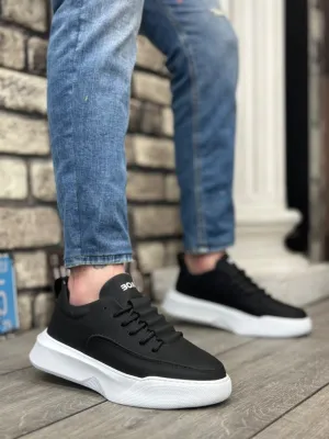 BA0332 Ladder Pattern Lace-Up Men's High Sole Black Skin White Sole Sports Shoes