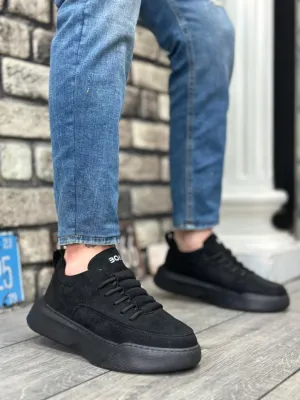BA0332 Ladder Pattern Lace-Up Men's High Sole Black Suede Black Sole Sports Shoes