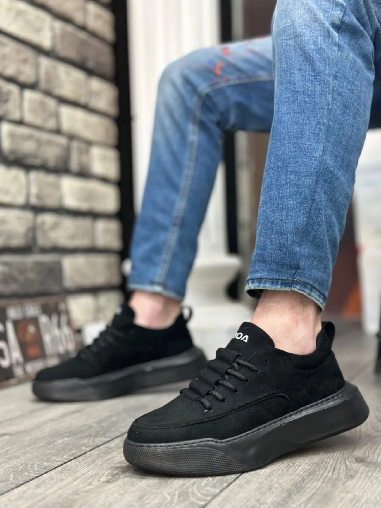 BA0332 Ladder Pattern Lace-Up Men's High Sole Black Suede Black Sole Sports Shoes