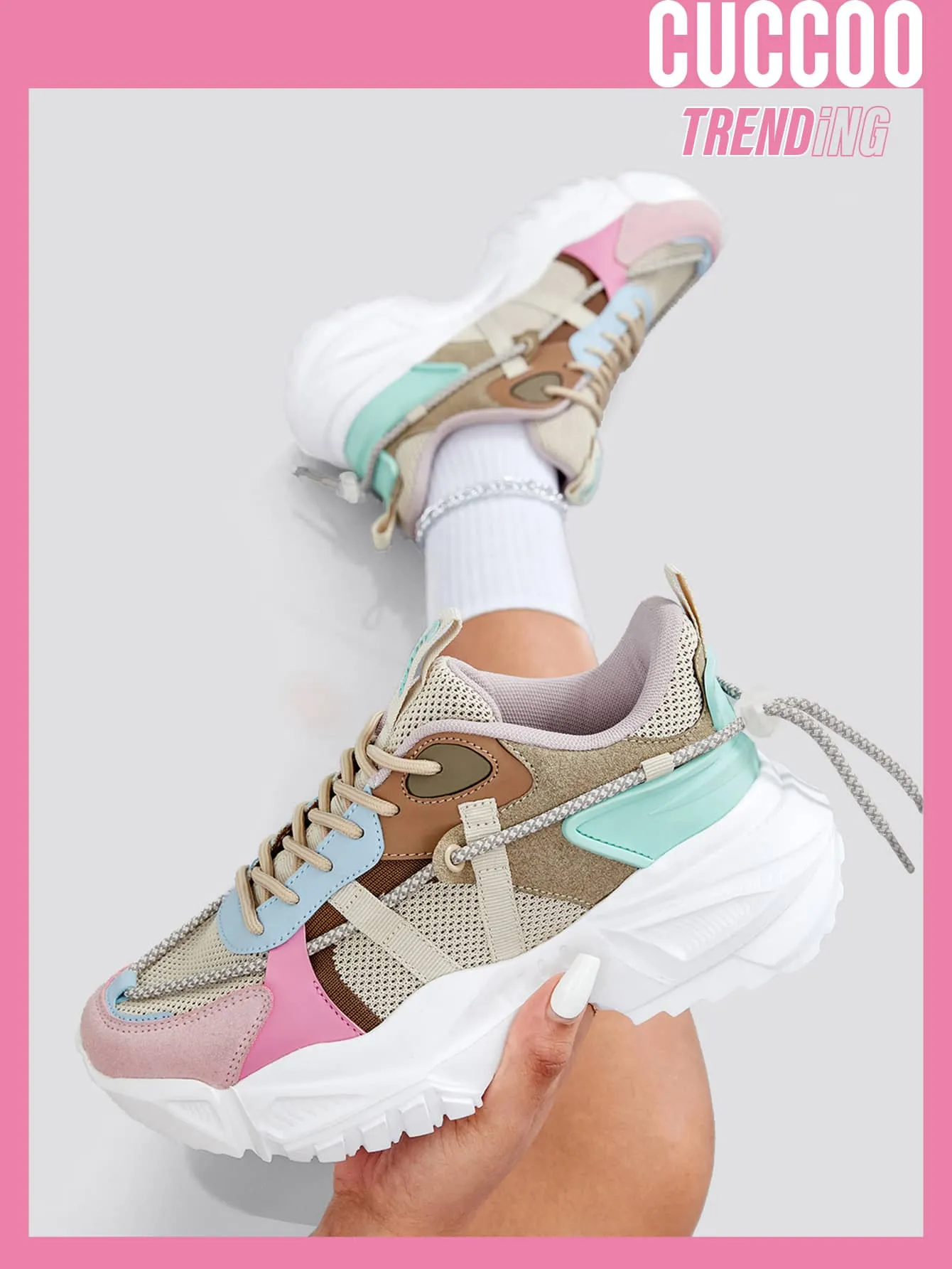 CUCCOO Trending Colorblock Mesh Splicing Design Chunky Sneakers