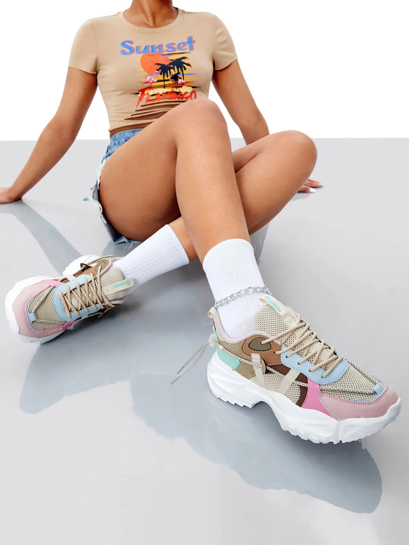 CUCCOO Trending Colorblock Mesh Splicing Design Chunky Sneakers