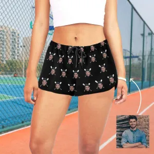 Custom Husband Face Baseball Black Background Beach Board Shorts Swim Trunks Personalized Women's Casual Yoga Shorts