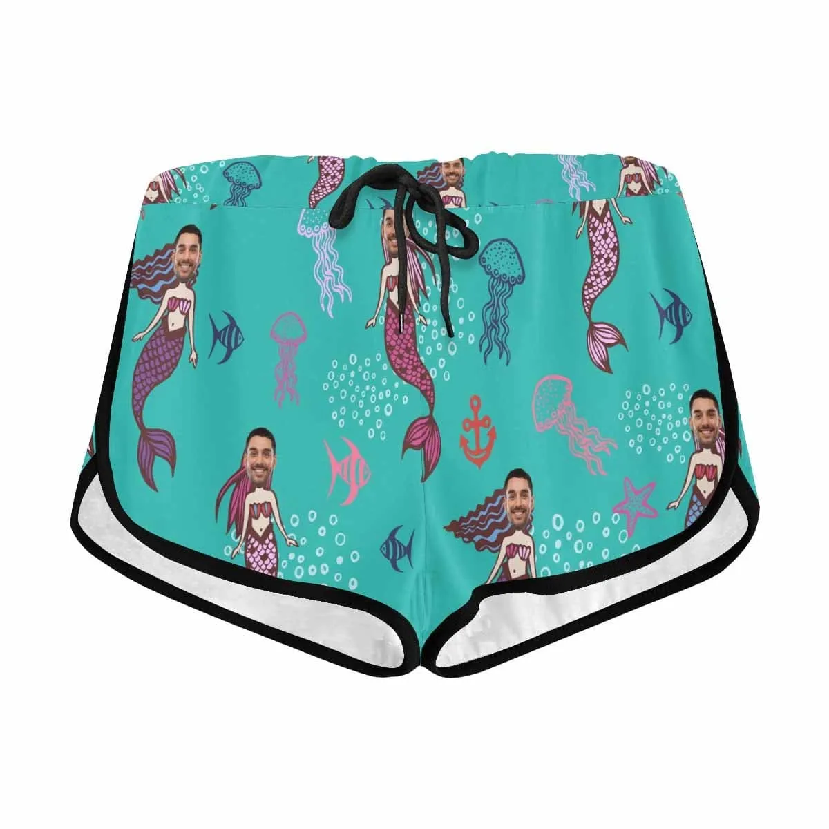 Custom Husband Face Cartoon Mermaid Beach Board Shorts Swim Trunks Personalized Women's Casual Yoga Shorts