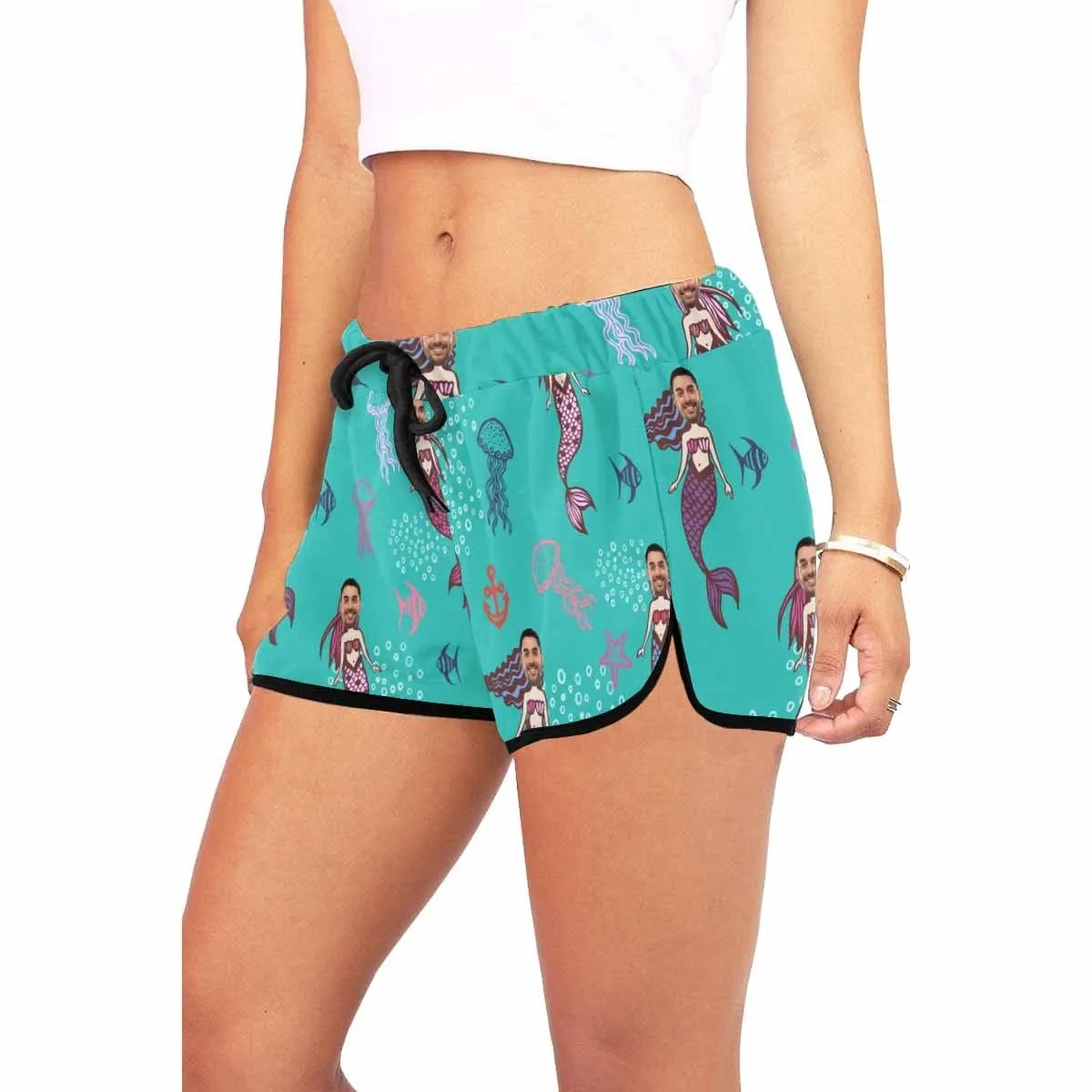 Custom Husband Face Cartoon Mermaid Beach Board Shorts Swim Trunks Personalized Women's Casual Yoga Shorts