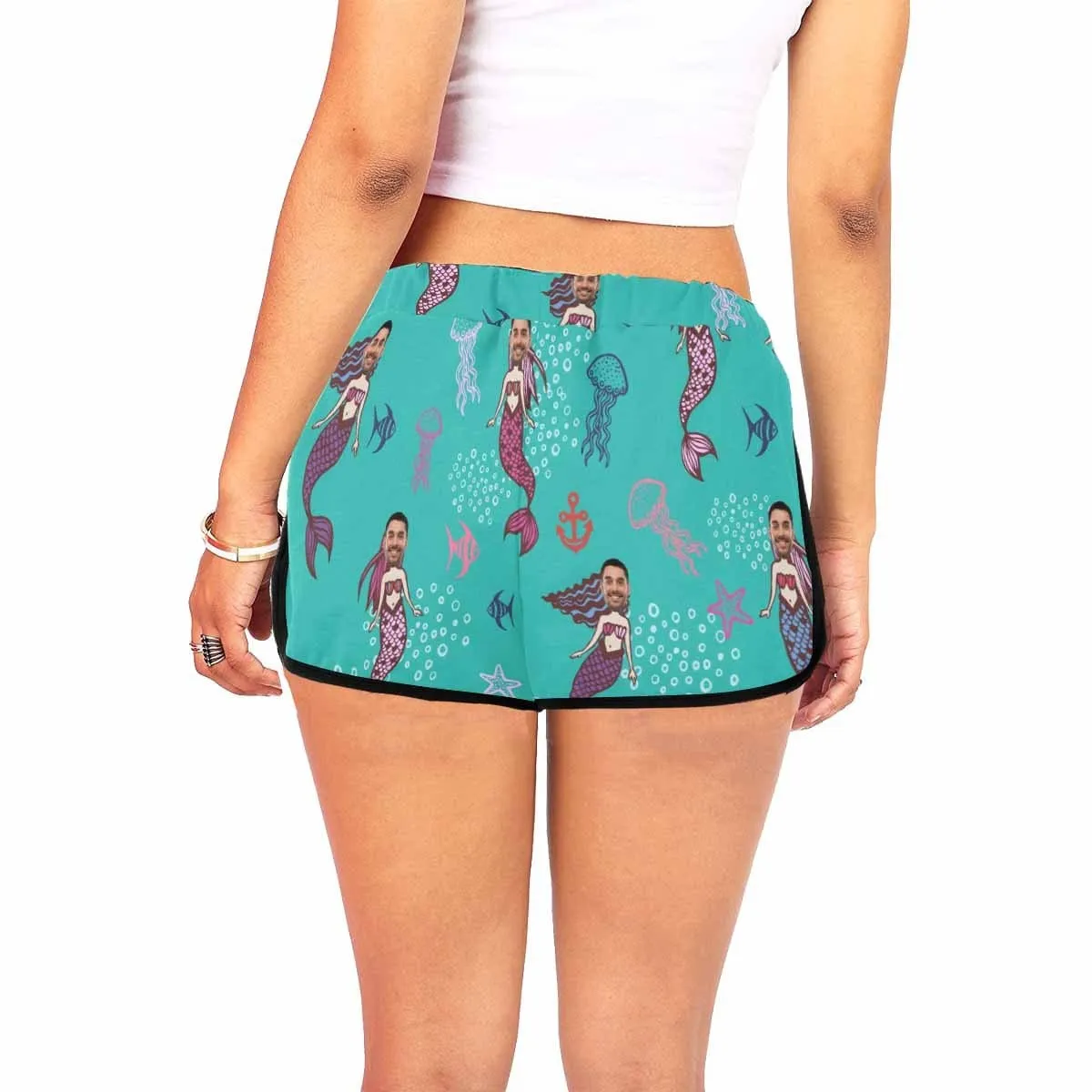 Custom Husband Face Cartoon Mermaid Beach Board Shorts Swim Trunks Personalized Women's Casual Yoga Shorts