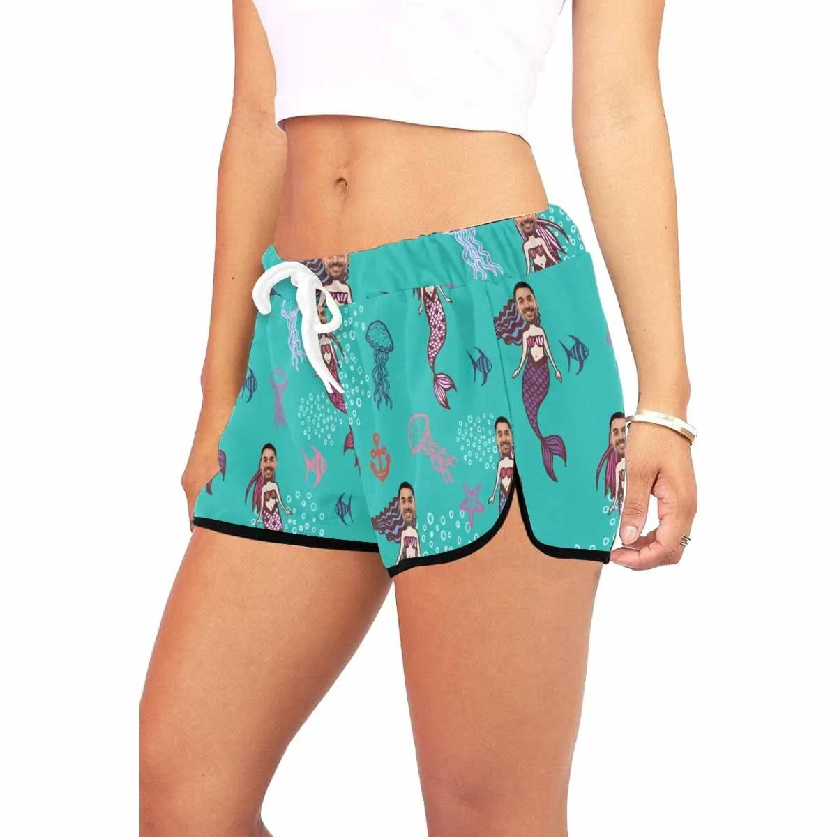 Custom Husband Face Cartoon Mermaid Beach Board Shorts Swim Trunks Personalized Women's Casual Yoga Shorts