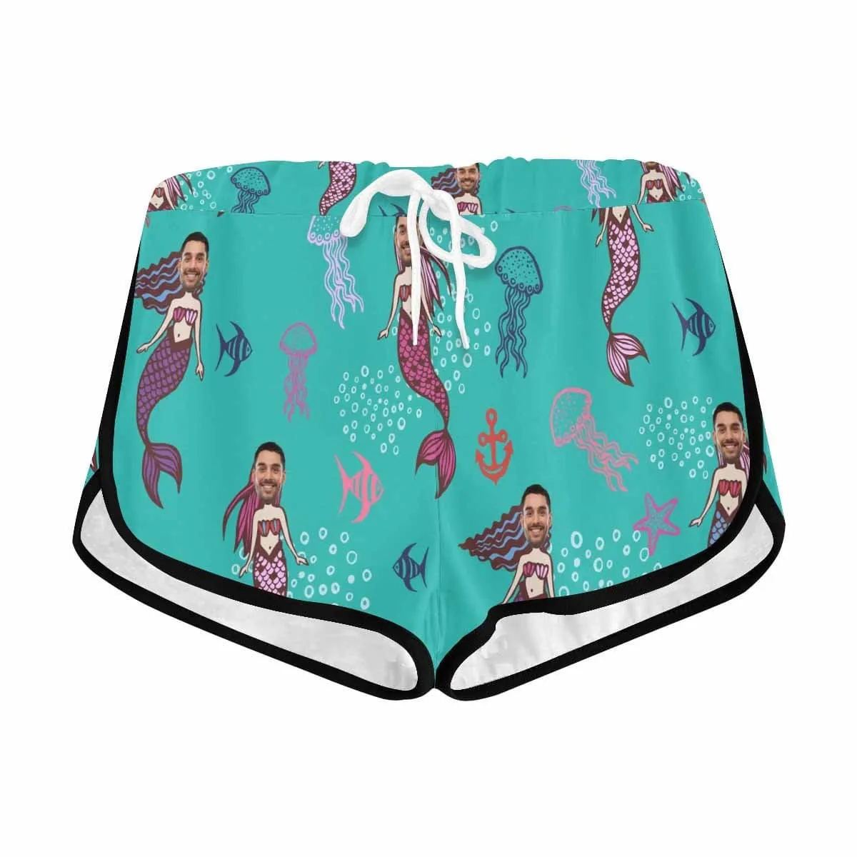Custom Husband Face Cartoon Mermaid Beach Board Shorts Swim Trunks Personalized Women's Casual Yoga Shorts