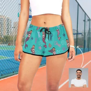 Custom Husband Face Cartoon Mermaid Beach Board Shorts Swim Trunks Personalized Women's Casual Yoga Shorts