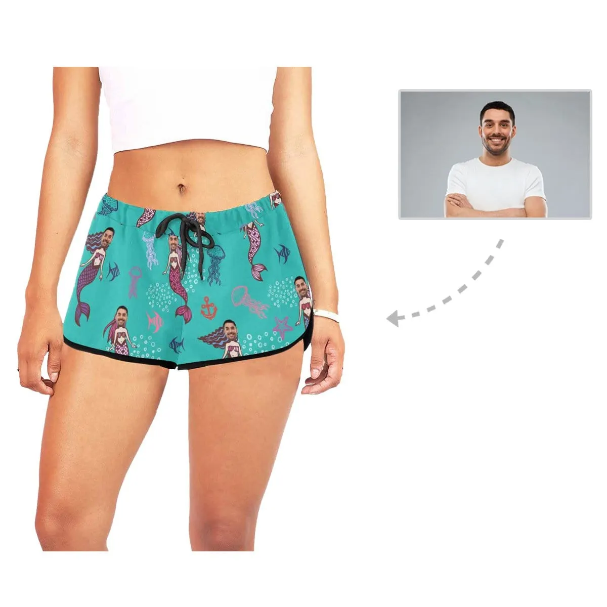Custom Husband Face Cartoon Mermaid Beach Board Shorts Swim Trunks Personalized Women's Casual Yoga Shorts
