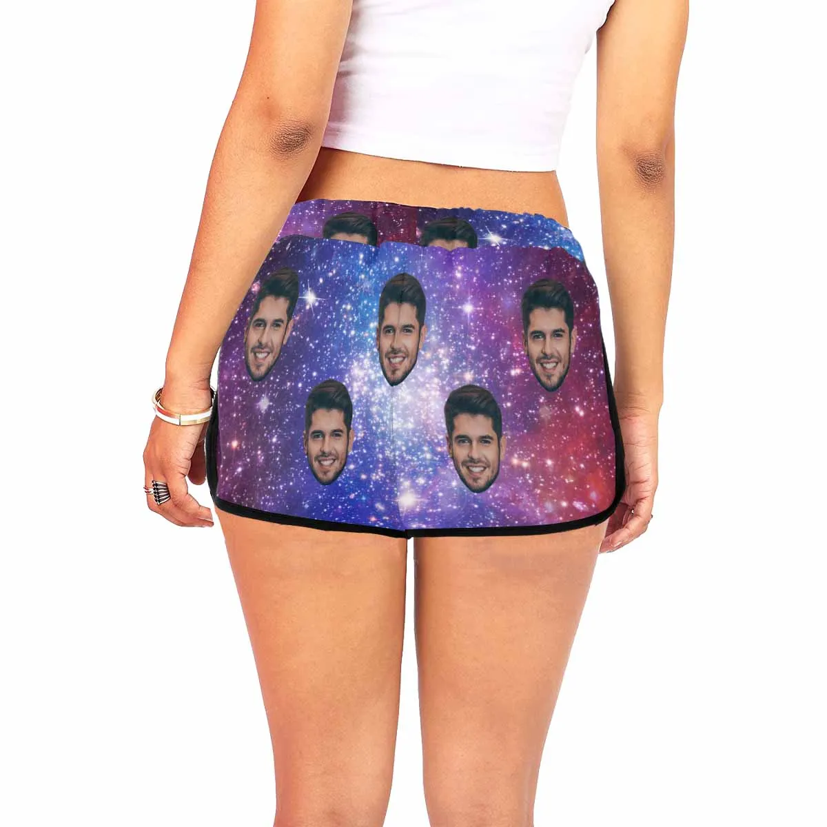 Custom Husband Face Galaxy Beach Board Shorts Swim Trunks Personalized Women's Casual Yoga Shorts