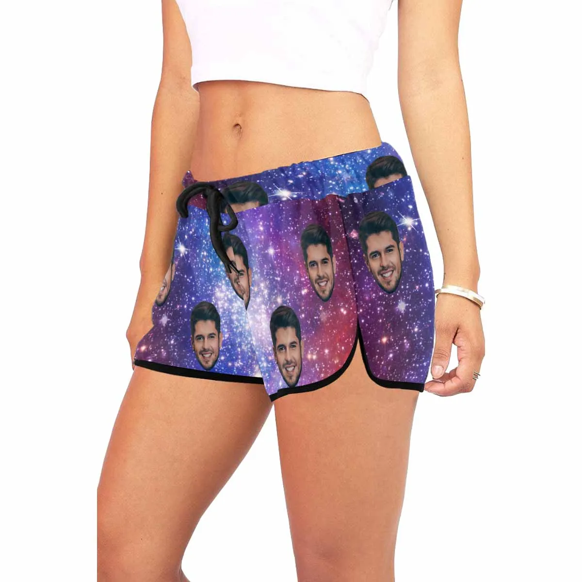 Custom Husband Face Galaxy Beach Board Shorts Swim Trunks Personalized Women's Casual Yoga Shorts