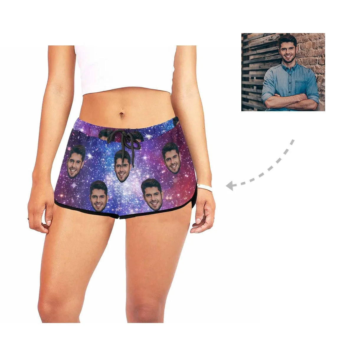 Custom Husband Face Galaxy Beach Board Shorts Swim Trunks Personalized Women's Casual Yoga Shorts