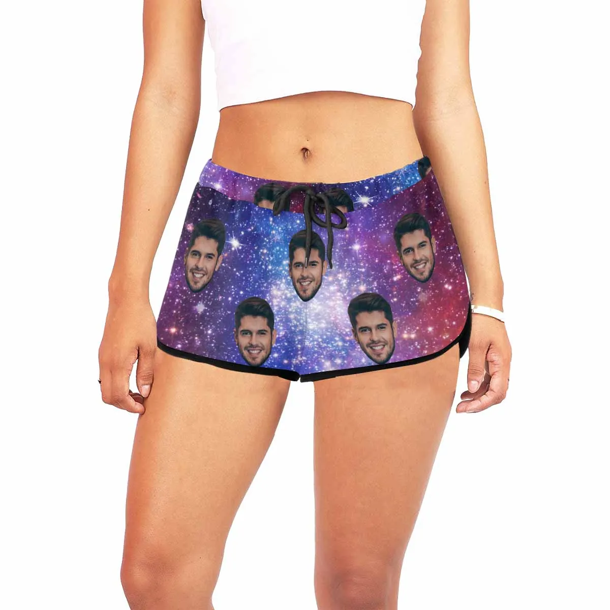Custom Husband Face Galaxy Beach Board Shorts Swim Trunks Personalized Women's Casual Yoga Shorts