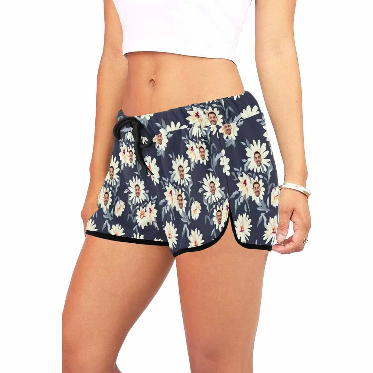 Custom Husband Face Little Daisies Beach Board Shorts Swim Trunks Personalized Women's Casual Yoga Shorts