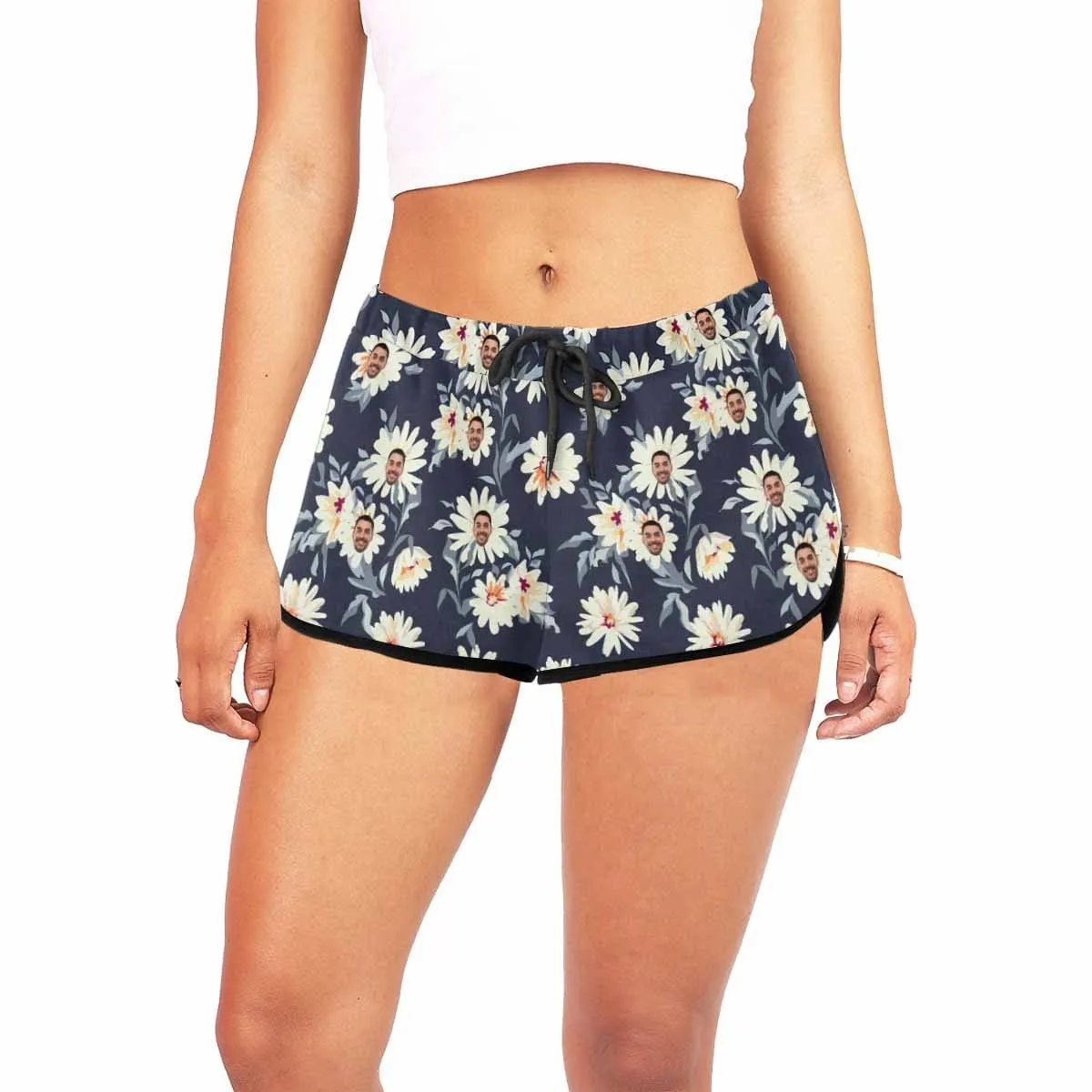 Custom Husband Face Little Daisies Beach Board Shorts Swim Trunks Personalized Women's Casual Yoga Shorts