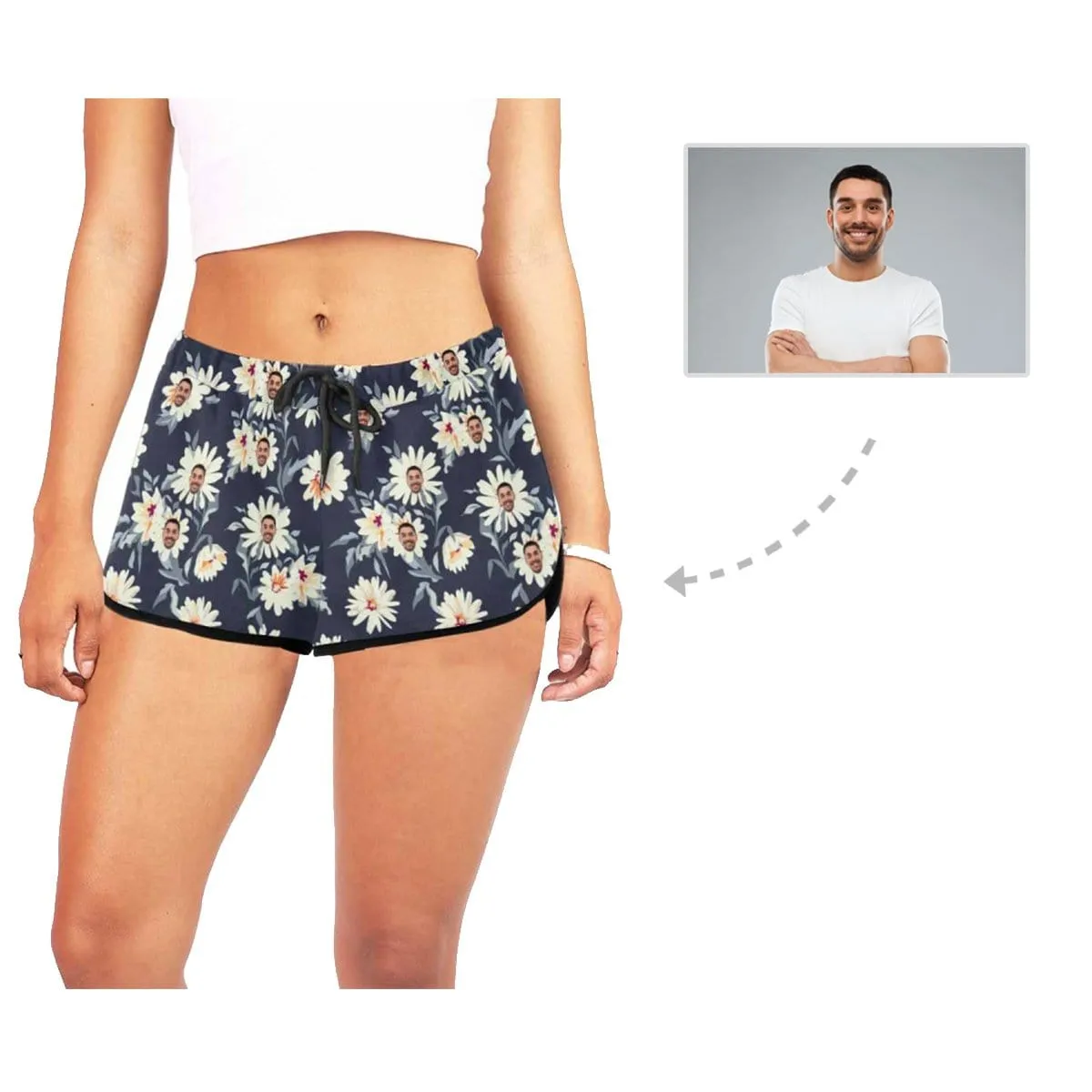 Custom Husband Face Little Daisies Beach Board Shorts Swim Trunks Personalized Women's Casual Yoga Shorts