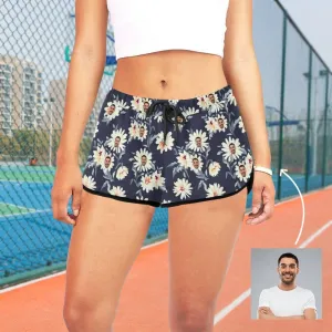 Custom Husband Face Little Daisies Beach Board Shorts Swim Trunks Personalized Women's Casual Yoga Shorts