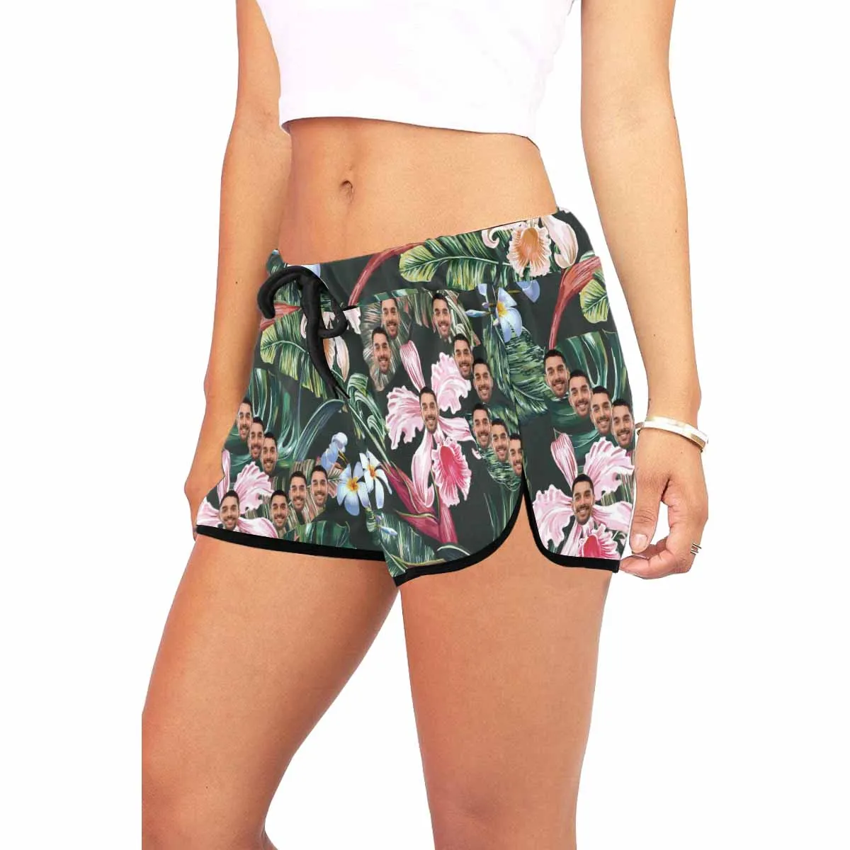 Custom Husband Face Plantain Pink Flower Beach Board Shorts Swim Trunks Personalized Women's Casual Yoga Shorts