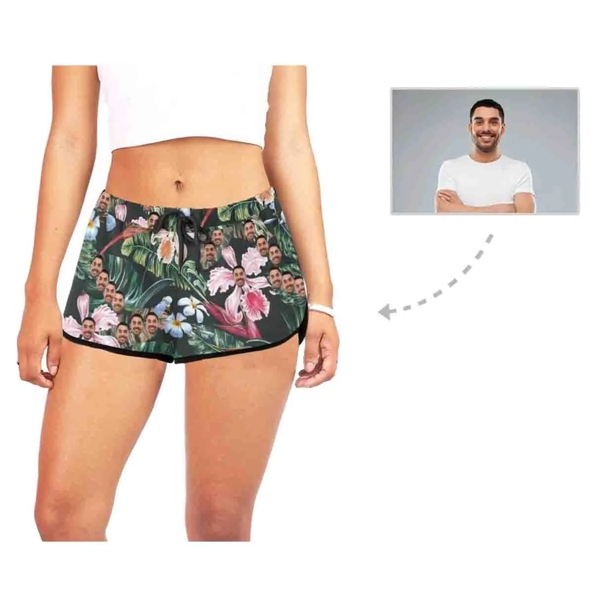Custom Husband Face Plantain Pink Flower Beach Board Shorts Swim Trunks Personalized Women's Casual Yoga Shorts