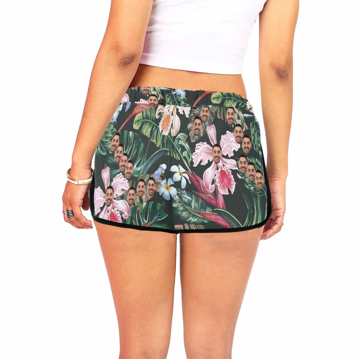 Custom Husband Face Plantain Pink Flower Beach Board Shorts Swim Trunks Personalized Women's Casual Yoga Shorts