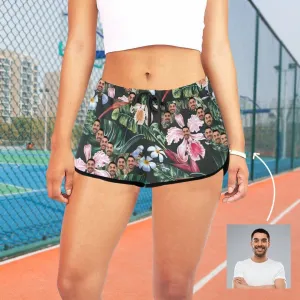 Custom Husband Face Plantain Pink Flower Beach Board Shorts Swim Trunks Personalized Women's Casual Yoga Shorts