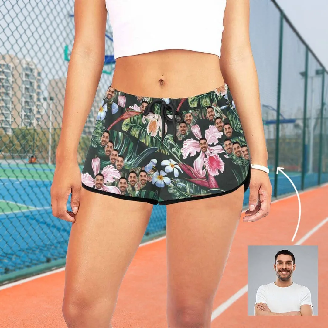 Custom Husband Face Plantain Pink Flower Beach Board Shorts Swim Trunks Personalized Women's Casual Yoga Shorts