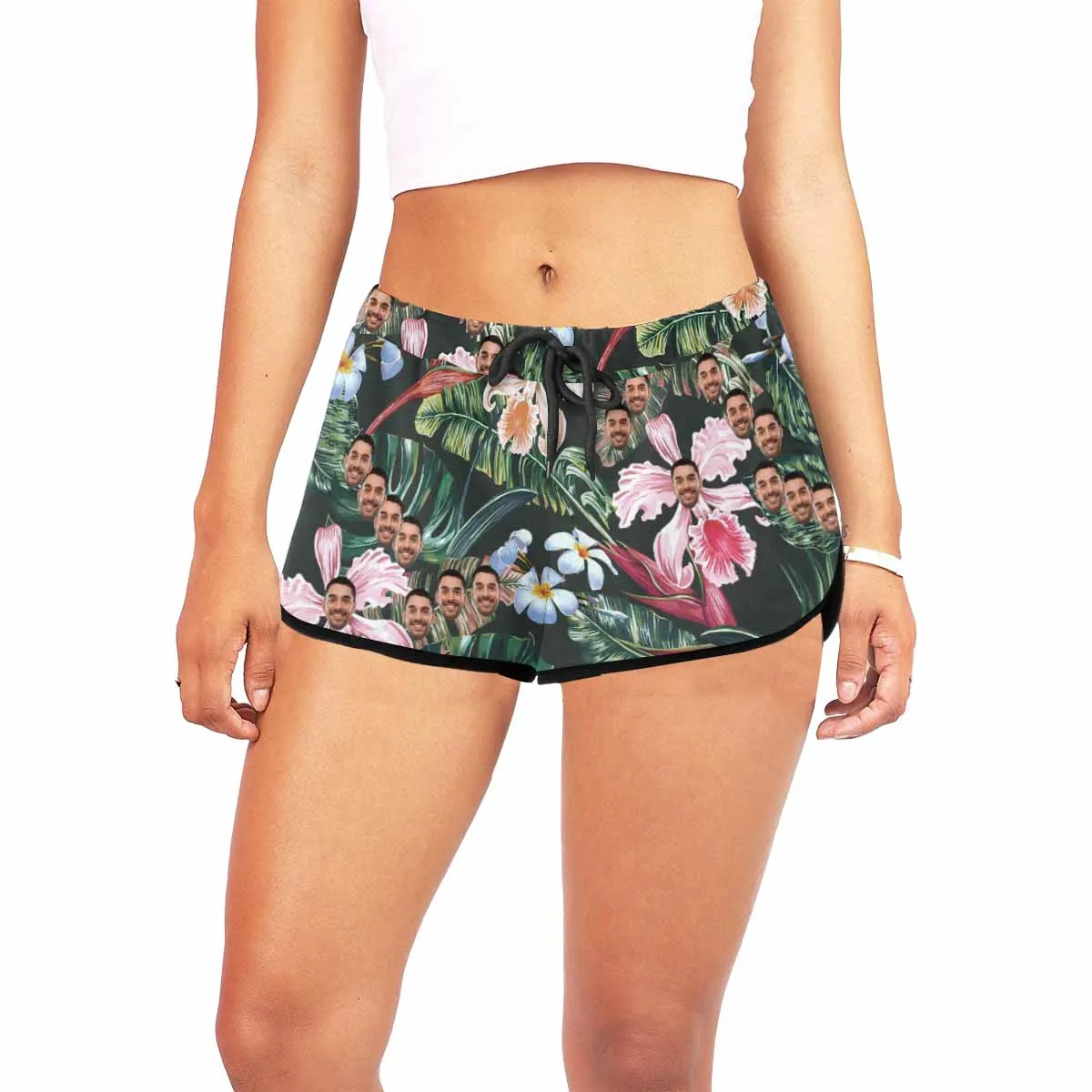 Custom Husband Face Plantain Pink Flower Beach Board Shorts Swim Trunks Personalized Women's Casual Yoga Shorts