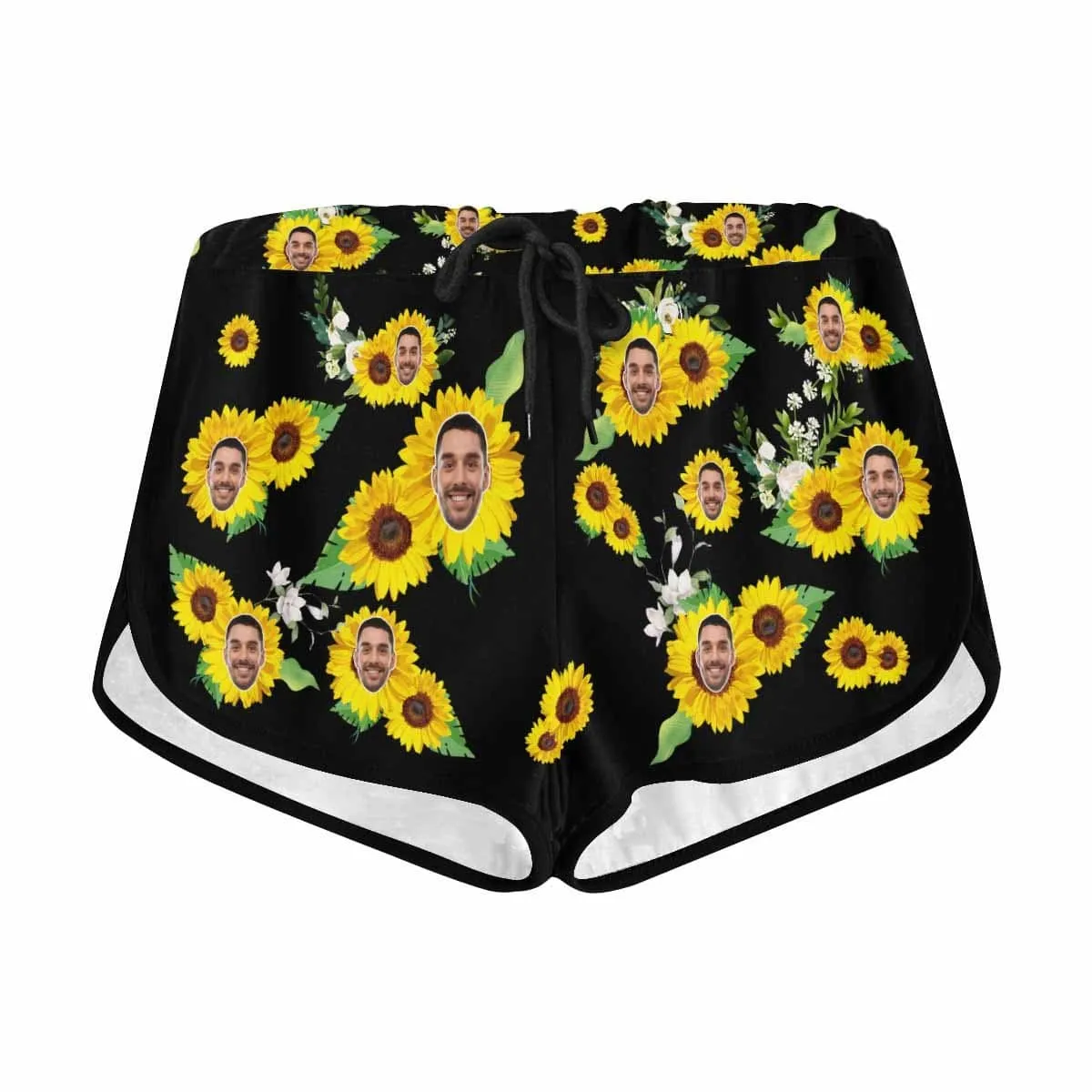 Custom Husband Face Sunflower Black Background Beach Board Shorts Swim Trunks Personalized Women's Casual Yoga Shorts