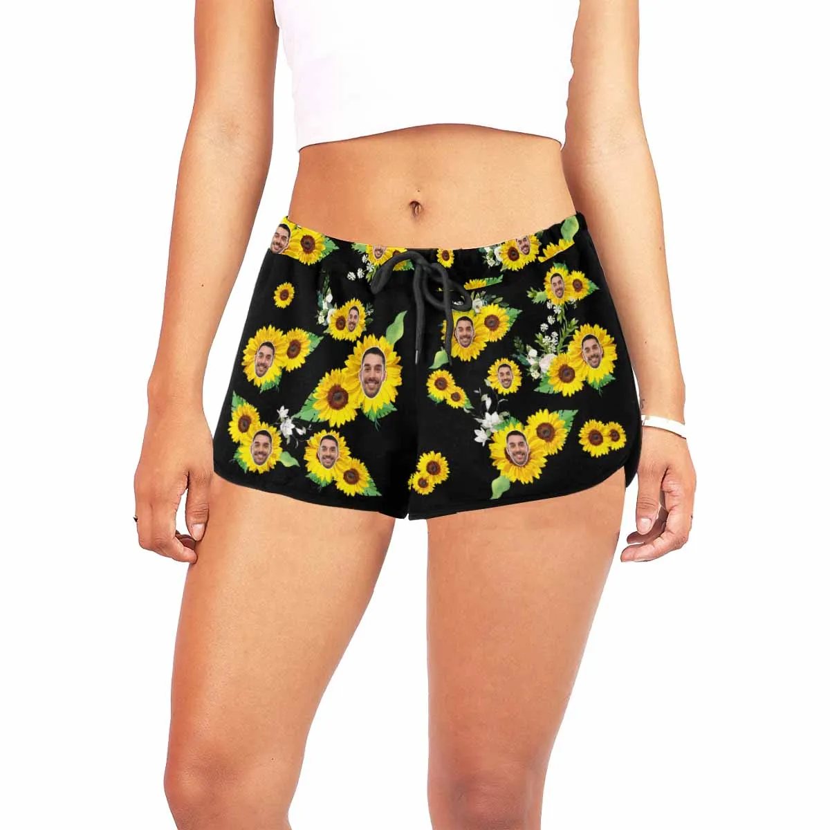 Custom Husband Face Sunflower Black Background Beach Board Shorts Swim Trunks Personalized Women's Casual Yoga Shorts