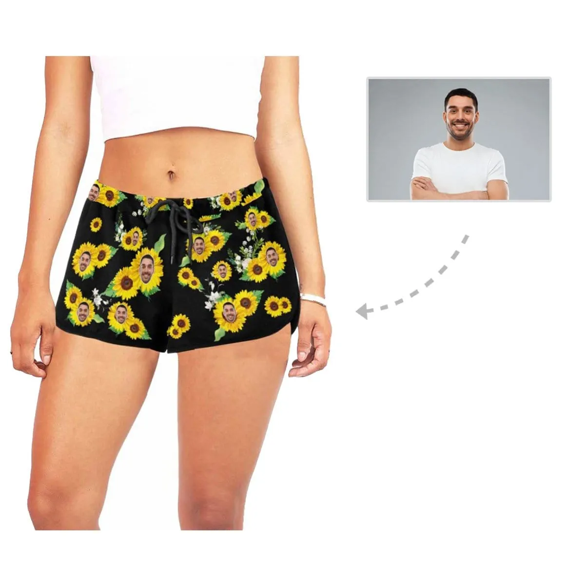Custom Husband Face Sunflower Black Background Beach Board Shorts Swim Trunks Personalized Women's Casual Yoga Shorts