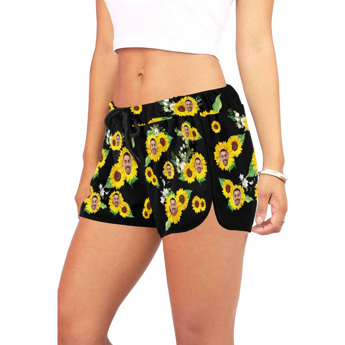 Custom Husband Face Sunflower Black Background Beach Board Shorts Swim Trunks Personalized Women's Casual Yoga Shorts