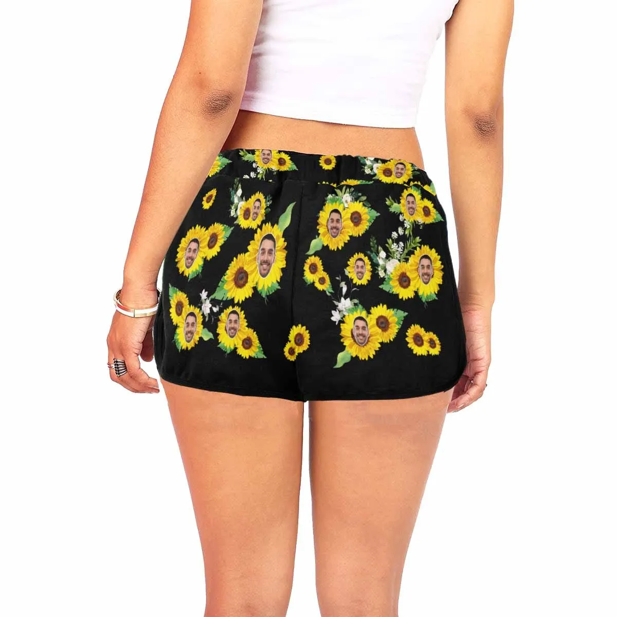 Custom Husband Face Sunflower Black Background Beach Board Shorts Swim Trunks Personalized Women's Casual Yoga Shorts