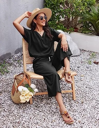 Ekouaer Womens, 2 Piece Coordinated Outfit, Pajamas, Short Sleeve Linen Shirt Pant Set, 2pcs Loungewear Tracksuit with Pockets, Black, Small