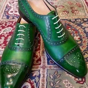 Handmade Men Green Color Party Shoes, Green Color Brogue Dress Shoes