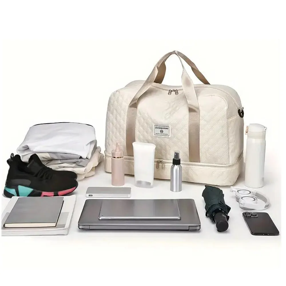 Large Capacity Travel Duffel Bag Versatile Shoulder Crossbody Weekender Bag with Shoe Compartment Beige