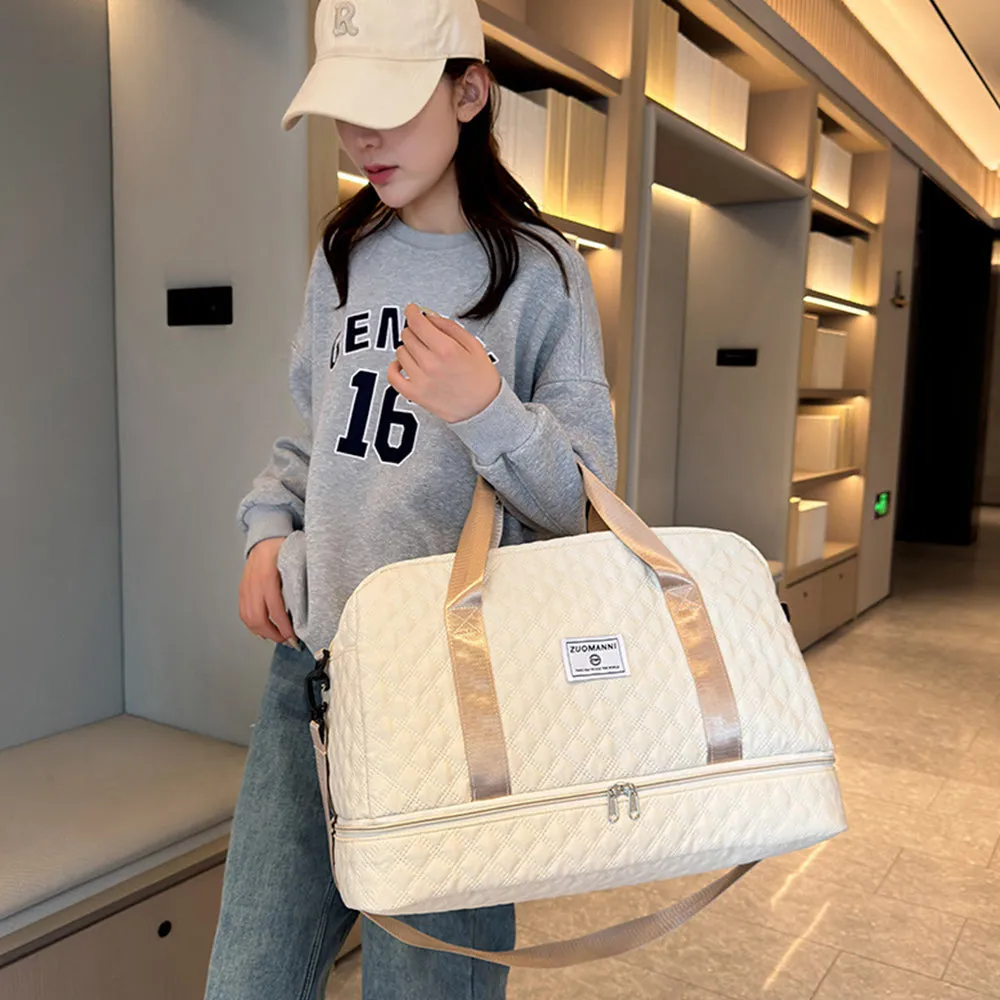 Large Capacity Travel Duffel Bag Versatile Shoulder Crossbody Weekender Bag with Shoe Compartment Beige