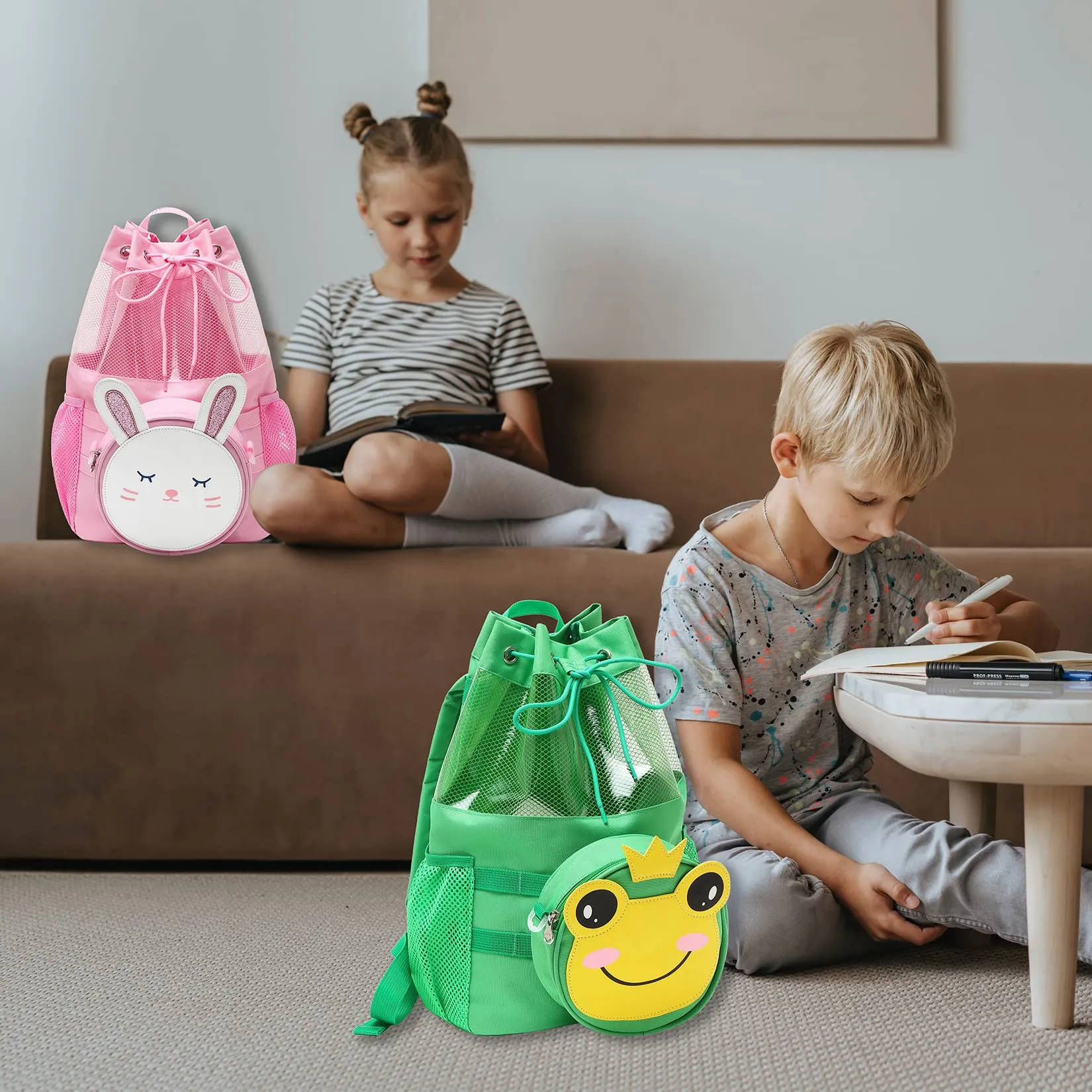 mygreen Multifunctional 2 in 1 Children Boy Girl Frog Print Drawstring Backpack Outdoor Casaul Portable Detachable Crossbody Shoulder Bag Swim Gymsack Sack Pack Green