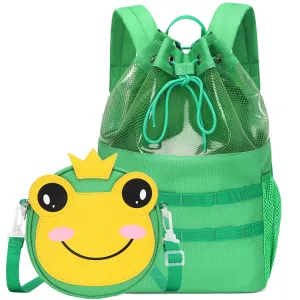mygreen Multifunctional 2 in 1 Children Boy Girl Frog Print Drawstring Backpack Outdoor Casaul Portable Detachable Crossbody Shoulder Bag Swim Gymsack Sack Pack Green