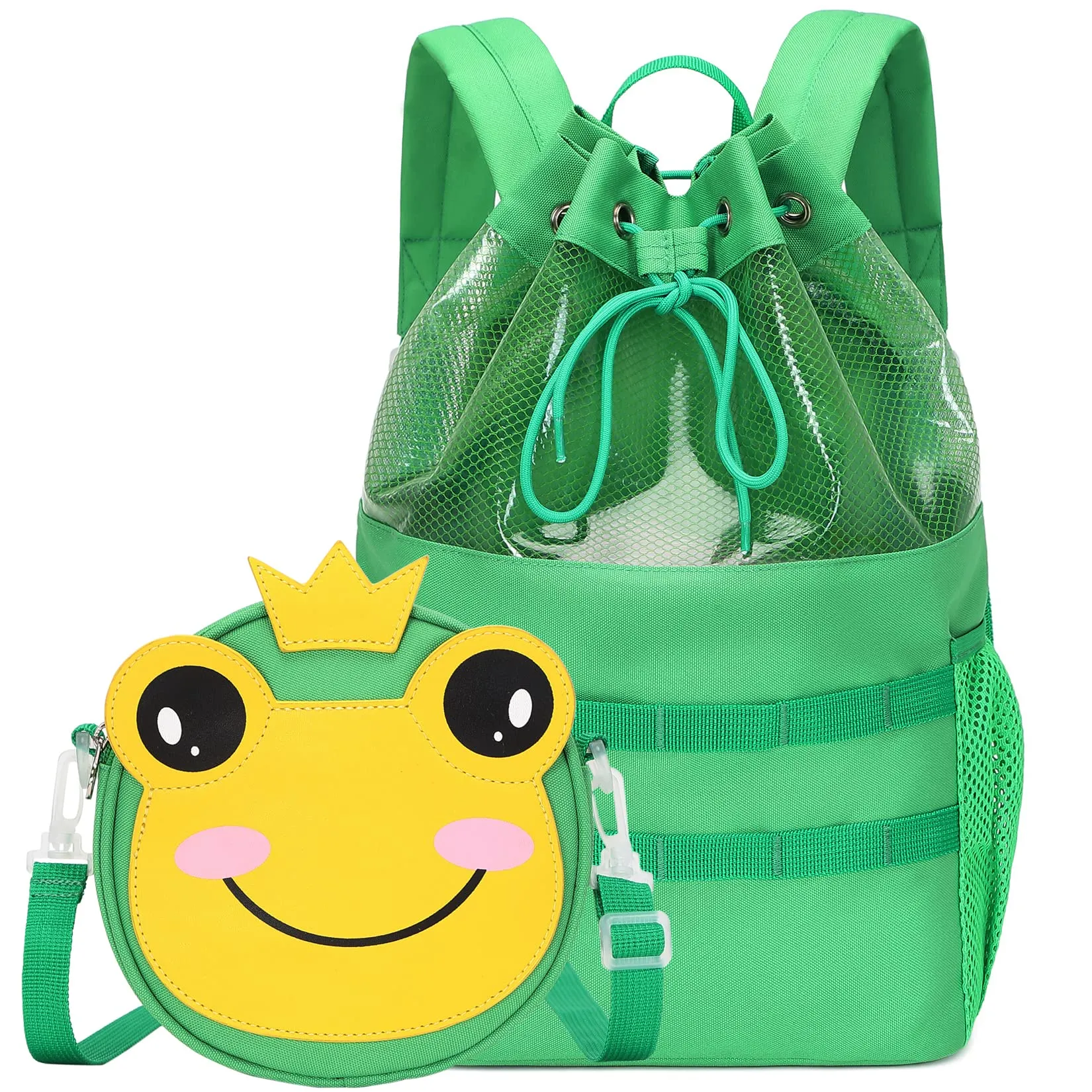 mygreen Multifunctional 2 in 1 Children Boy Girl Frog Print Drawstring Backpack Outdoor Casaul Portable Detachable Crossbody Shoulder Bag Swim Gymsack Sack Pack Green