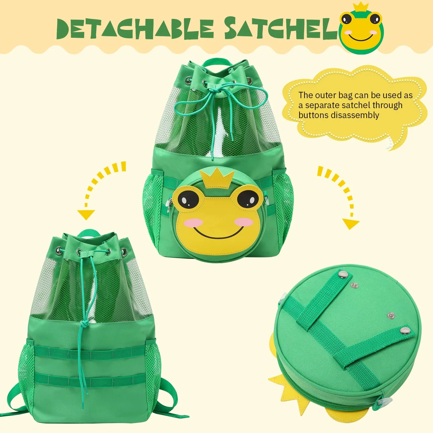 mygreen Multifunctional 2 in 1 Children Boy Girl Frog Print Drawstring Backpack Outdoor Casaul Portable Detachable Crossbody Shoulder Bag Swim Gymsack Sack Pack Green