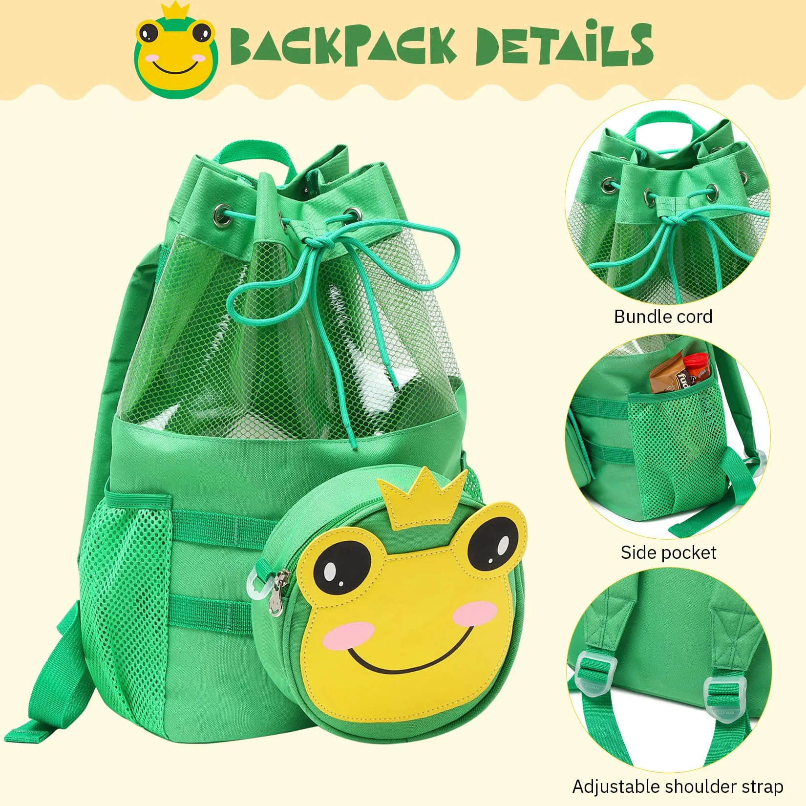 mygreen Multifunctional 2 in 1 Children Boy Girl Frog Print Drawstring Backpack Outdoor Casaul Portable Detachable Crossbody Shoulder Bag Swim Gymsack Sack Pack Green