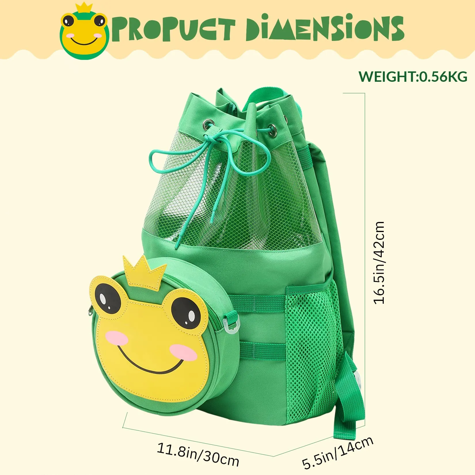mygreen Multifunctional 2 in 1 Children Boy Girl Frog Print Drawstring Backpack Outdoor Casaul Portable Detachable Crossbody Shoulder Bag Swim Gymsack Sack Pack Green
