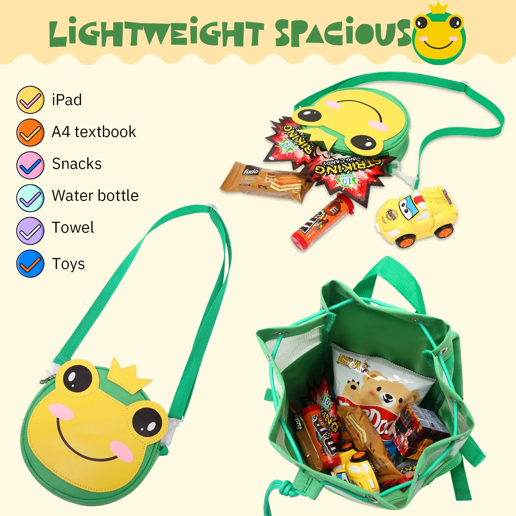 mygreen Multifunctional 2 in 1 Children Boy Girl Frog Print Drawstring Backpack Outdoor Casaul Portable Detachable Crossbody Shoulder Bag Swim Gymsack Sack Pack Green