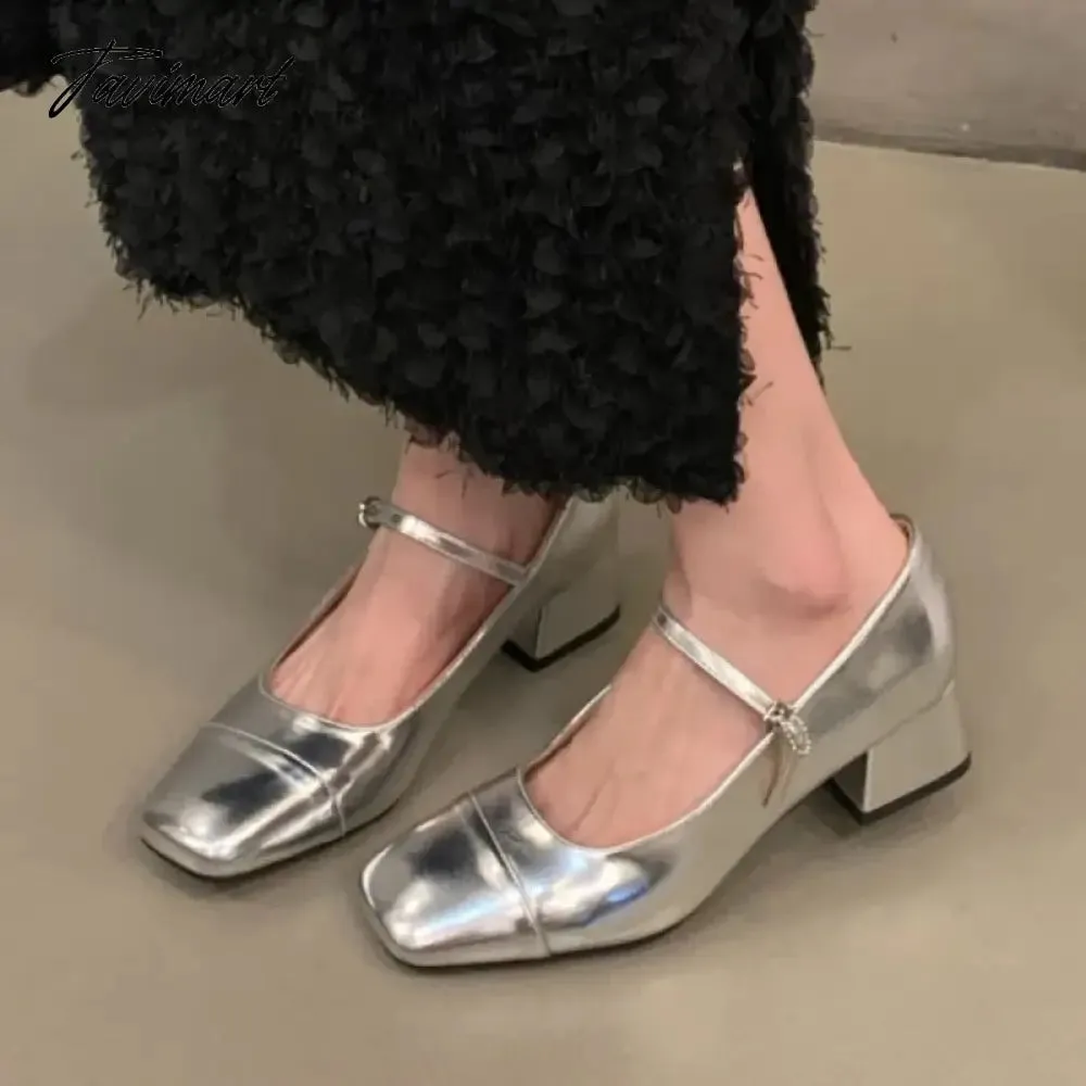 TAVIMART Women's Mid Heels Pumps Square Toe Patent Leather Mary Janes Shoes Silver Red Black Basic Pumps Spring Autumn for Woman 1734N