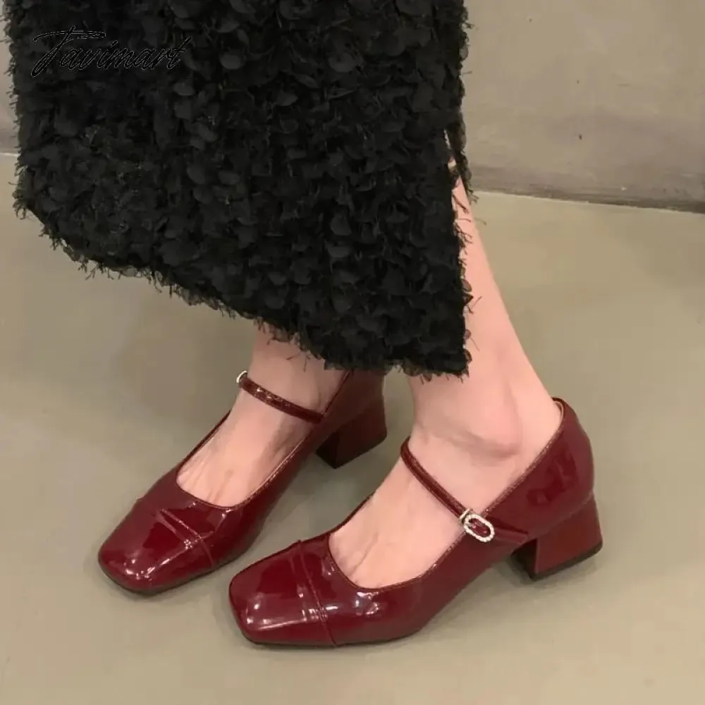 TAVIMART Women's Mid Heels Pumps Square Toe Patent Leather Mary Janes Shoes Silver Red Black Basic Pumps Spring Autumn for Woman 1734N